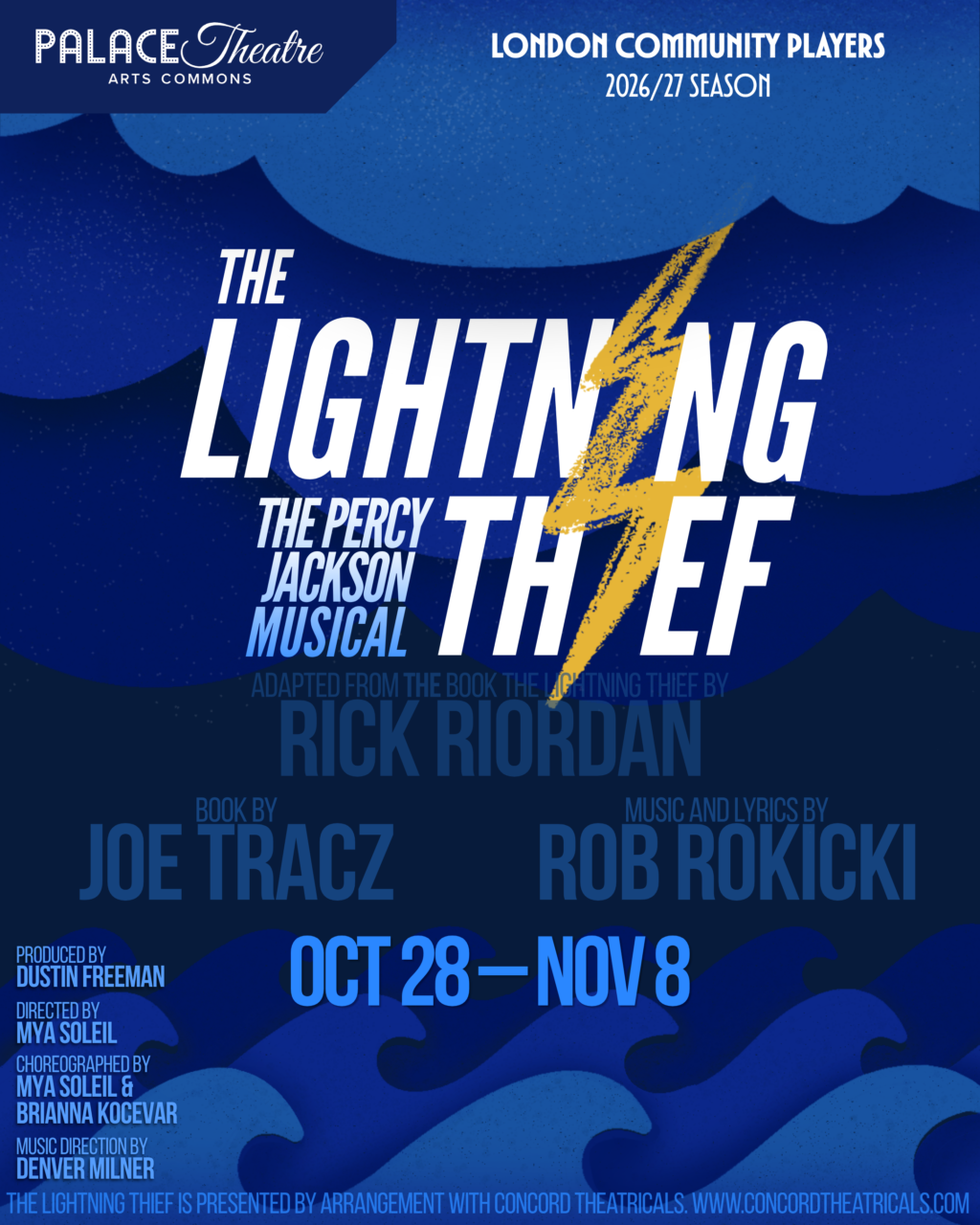 Poster for "The Lightning Thief: The Percy Jackson Musical," showing show dates Oct 28 to Nov 8, with credits for Rick Riordan, Joe Tracz, Rob Rokicki, and production team details.